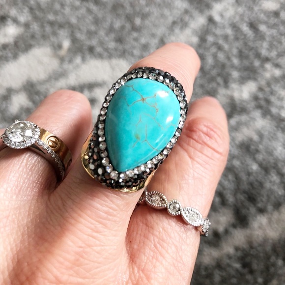 Bold Turquoise + Rhinestone Gold Plated Ring - Picture 2 of 8
